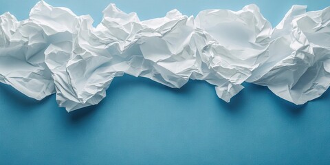Poster - Crumpled white paper texture on a vibrant blue background with uneven ripples creating depth and contrast in horizontal arrangement.