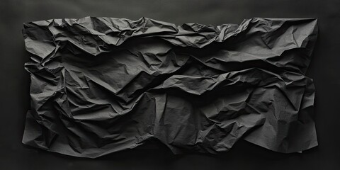 Poster - Crumpled black paper texture draped on dark background with soft shadows creating depth and contrast in minimalist composition.
