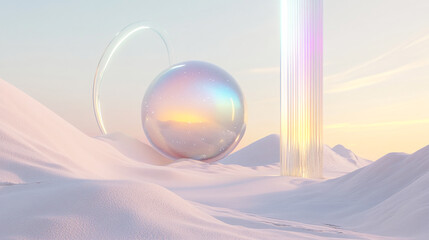 Poster - Abstract glass sphere and pillar on snowy dunes with pastel sunset