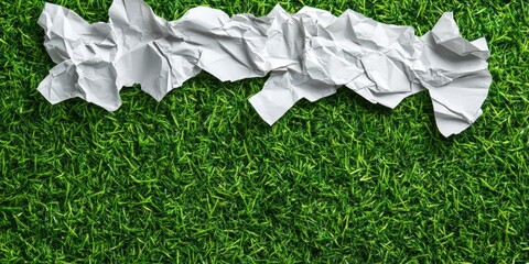 Poster - Crumpled white paper on vibrant green grass background centered above offers creative space for text and design elements in natural setting