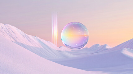 Poster - Futuristic glass sphere in pastel desert landscape with glowing colors