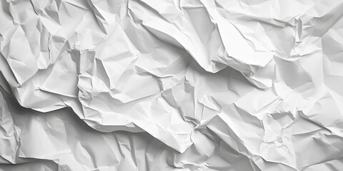 Poster - Crumpled white paper texture close-up from a top view perspective showcasing soft shadows and highlights with varied folds and creases.