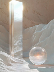Poster - Glass sphere and reflective pillar in a minimal desert landscape