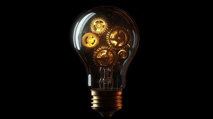 Poster - A creative concept of a glowing light bulb with transparent interconnected gears inside, symbolizing mechanical innovation