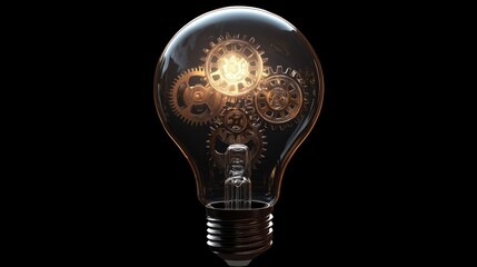 Poster - A creative concept of a glowing light bulb with transparent interconnected gears inside, symbolizing mechanical innovation