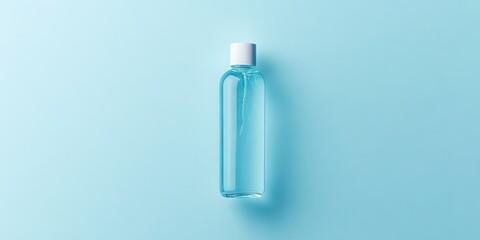 Poster - Clear cosmetic bottle with white cap positioned centrally on a light blue background with soft shadows and space for text above and below