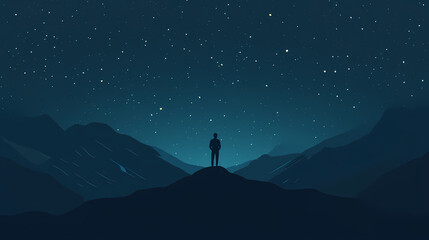 Wall Mural - landscape with milky way galaxy, night sky with stars and silhouette of man standing top mountain. g