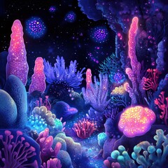 Fototapete - Exploring a vibrant microscopic ecosystem of friendly microbes in a colorful underwater setting. Generative AI