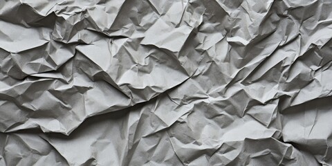 Poster - Crumpled grey paper texture background showcasing various shades of gray with deep creases and folds creating an abstract, textured surface.