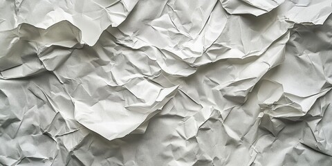 Poster - Crumpled white paper texture in shades of light gray with deep creases and folds creating a dynamic background for artistic projects and designs