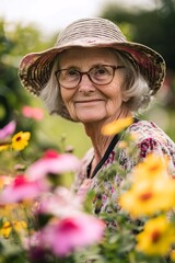 Elderly woman tending flowers in garden, smiling, wearing glasses and hat, blurred summer landscape in background, natural lighting, high-quality stock photo 4