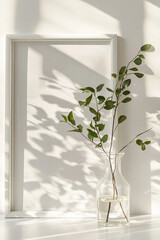 Poster - Minimalist composition with greenery in a glass vase and soft shadows