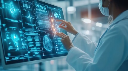 Fototapete - Diagnostic medical data displayed on a modern screen in a healthcare environment while a medical professional interacts with it. Generative AI