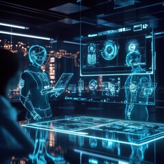 Fototapete - Digital avatars collaborate in a futuristic workspace filled with holographic displays and advanced technology. Generative AI