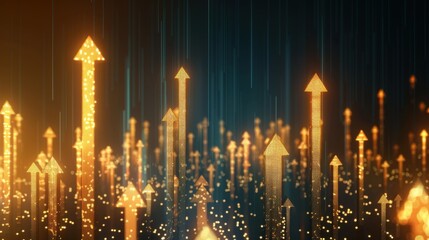 Poster - Dynamic golden arrows rise against dark background, symbolizing growth and progress. vibrant lights create energetic atmosphere, representing success and upward movement