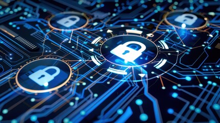 Poster - digital security concept with glowing padlocks and circuit patterns