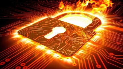 Poster - digital padlock surrounded by flames, symbolizing cybersecurity and protection. vibrant colors and c