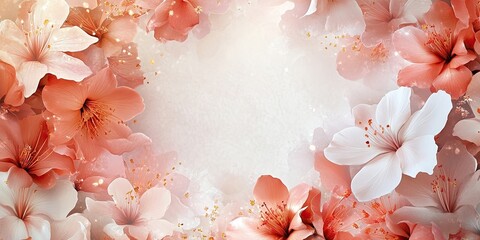 Leinwandbilder - Delicate floral background with soft peach and white flowers framing a light pastel center ideal for creative uses with subtle artistic elements