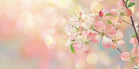 Leinwandbilder - Soft pastel colors of pink and green blend harmoniously in a blurred floral scene with delicate blossoms on the right and gentle bokeh background.