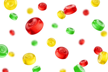 Sticker - Falling Hard Candy, colourful fruit caramel, isolated on white background, selective focus