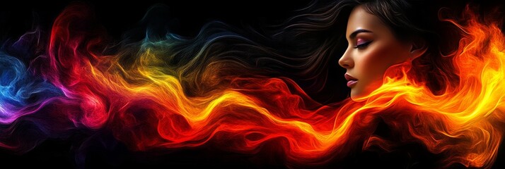 Poster - Woman with Colorful Energy Flow, Digital Art, Abstract Portrait, Beauty and Power, Conceptual Image