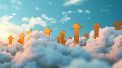 Poster - Golden arrows pointing upwards through fluffy clouds against blue sky symbolize growth and progress, evoking sense of optimism and aspiration