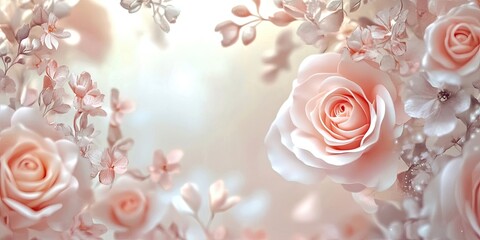 Leinwandbilder - Pastel pink roses and delicate blossoms create a soft dreamy background with selective focus and a gentle toned effect for elegant design use