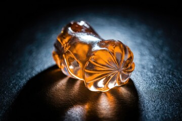 Poster - Amber-colored glass object with intricate detailing, resting on a dark surface, illuminated by dramatic light.
