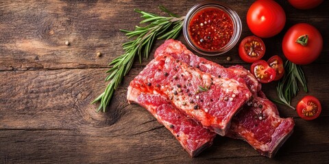 Poster - Closeup of raw seasoned meat with chopped rosemary and tomatoes on a rustic wooden table with marinade in a bowl and space for text.