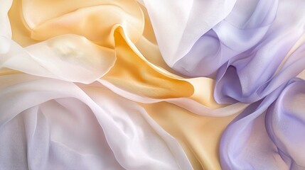 Poster - Delicate layers of translucent fabric intertwine in shades of butter yellow and lavender, evoking a sense of calm and gentle movement. The soft hues blend seamlessly, inviting serenity