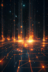 Poster - Futuristic glowing grid with light beams and particles in a digital space