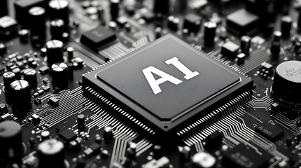 Poster - Cutting-edge microchip with AI symbol representing advanced artificial intelligence technology for machine learning and computing applications