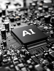 Poster - Cutting-edge microchip with AI symbol representing advanced artificial intelligence technology for machine learning and computing applications
