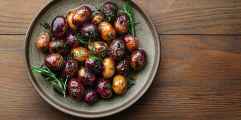 Poster - Elegantly arranged barbecued organic olives seasoned with herbs on a textured plate against a warm wooden background with ample copy space