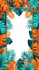 Bright orange and turquoise tropical leaves framing the edges for a vibrant summer inspired border frame in orange turquoise tropical leaf border frame pattern background