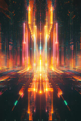 Poster - Futuristic neon cityscape with vibrant glowing patterns