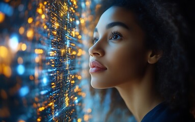 Wall Mural - Woman gazing at futuristic digital display.