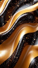 Poster - Vibrant butter yellow zigzag patterns dance across a glossy black surface, accentuated by gentle waves and sparkling speckles that capture light