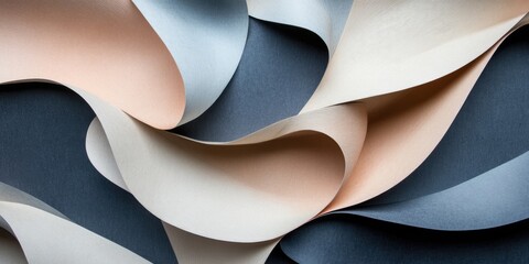 Poster - Abstract composition of wavy paper in soft shades of peach, gray, and cream flowing elegantly against a dark backdrop, creating a dynamic texture.