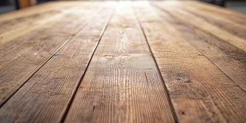 Wall Mural - Textured wooden plank tabletop in warm brown tones, perspective view showing depth and grain detail, soft light highlighting surface.