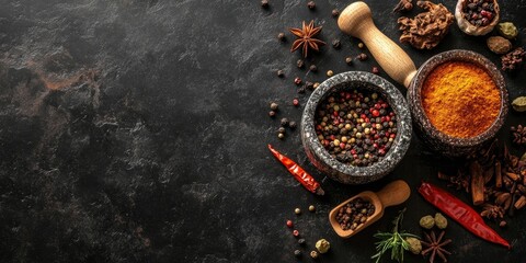 Poster - Spices and mortar arranged on a textured black background featuring whole and ground spices with ample copyspace for text.