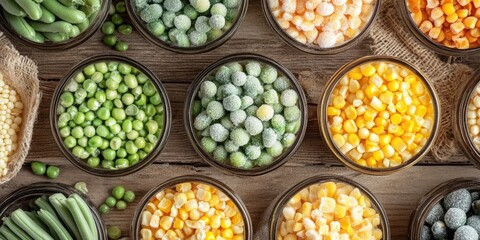 Poster - Colorful assortment of frozen vegetables in glass bowls on wooden table featuring green peas corn and green beans with space for text overlay