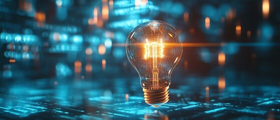 Brilliant light bulb representing smart innovation, set against a blurred blue digital backdrop, 4K loop video, hightech concept