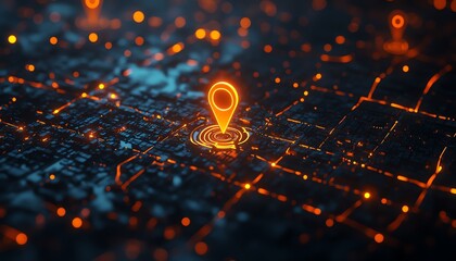 Aufkleber - Digital city map, glowing orange markers highlighting key locations, dark urban layout, futuristic neon design, ultradetailed, highresolution rendering