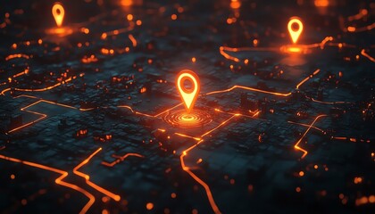 Aufkleber - Digital city map, glowing orange markers highlighting key locations, dark urban layout, futuristic neon design, ultradetailed, highresolution rendering