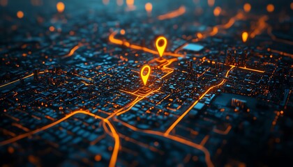 Aufkleber - Digital city map, glowing orange markers highlighting key locations, dark urban layout, futuristic neon design, ultradetailed, highresolution rendering