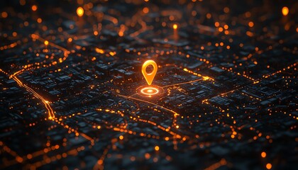 Aufkleber - Digital city map, glowing orange markers highlighting key locations, dark urban layout, futuristic neon design, ultradetailed, highresolution rendering