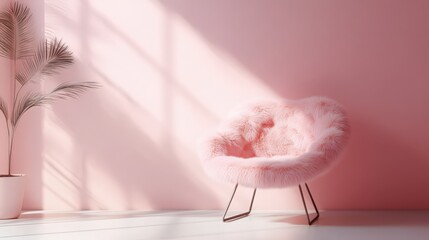 Wall Mural - A Cozy Pink Fur Chair in Minimalist Pink Room with a Potted Plant and Window Lighting