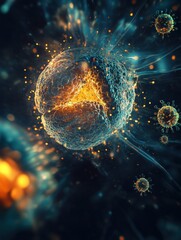 Aufkleber - Magnified human cell under attack from multiple viruses in a dynamic microscopic environment. Generative AI