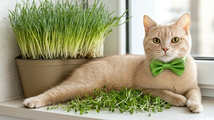 Wall Mural - Cat with green bow tie lounging next to fresh grass on a sunny windowsill in a cozy indoor space during the daytime